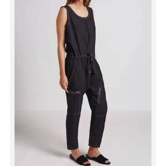 Current/Elliott The Zip Cargo Linen Washed Black Jumpsuit Size 2 (Medium) - Picture 1 of 11